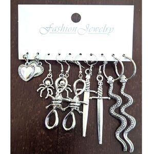 3/$30 NWT 5 Pairs Y2K Style Earrings - Snakes Swords Barbed Wire Spiders Hearts